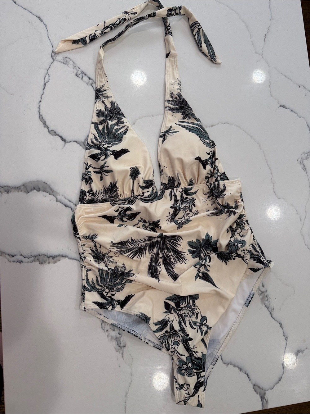 Cream Floral Halter One-Piece Swimsuit with Botanical Print